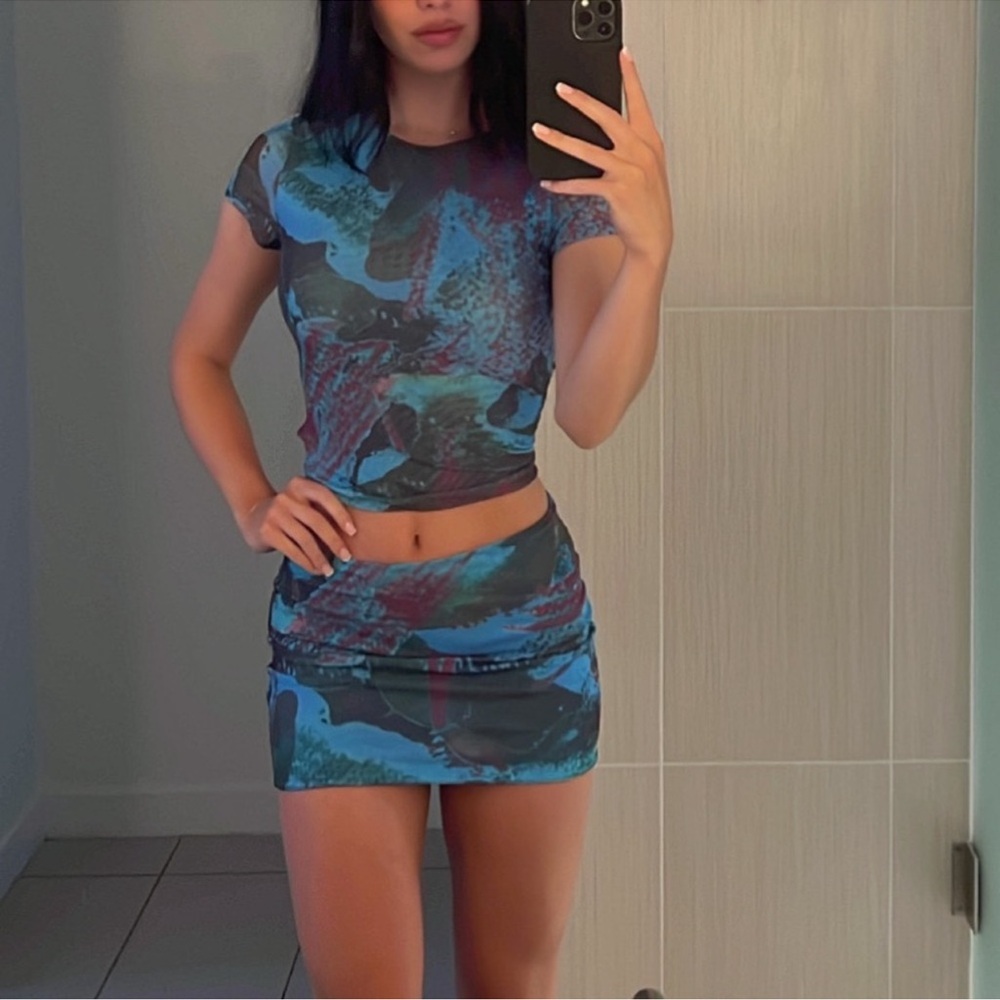 Tiger Mist Blue Tie Dye Mesh Bodycon Fit Shirt Top Mini Skirt Set